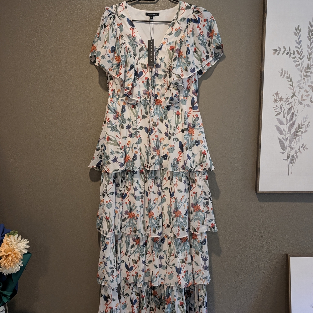 Walter Baker Pink and Blue Ruffled Maxi Dress